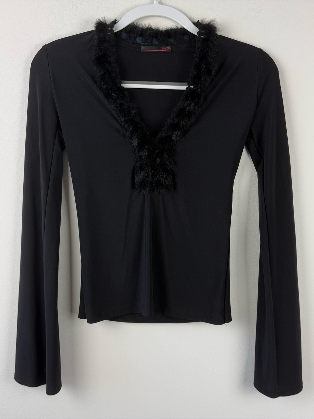 Lvl X Vintage Lace Up Flare Sleeve Faux Fur Stretchy Top